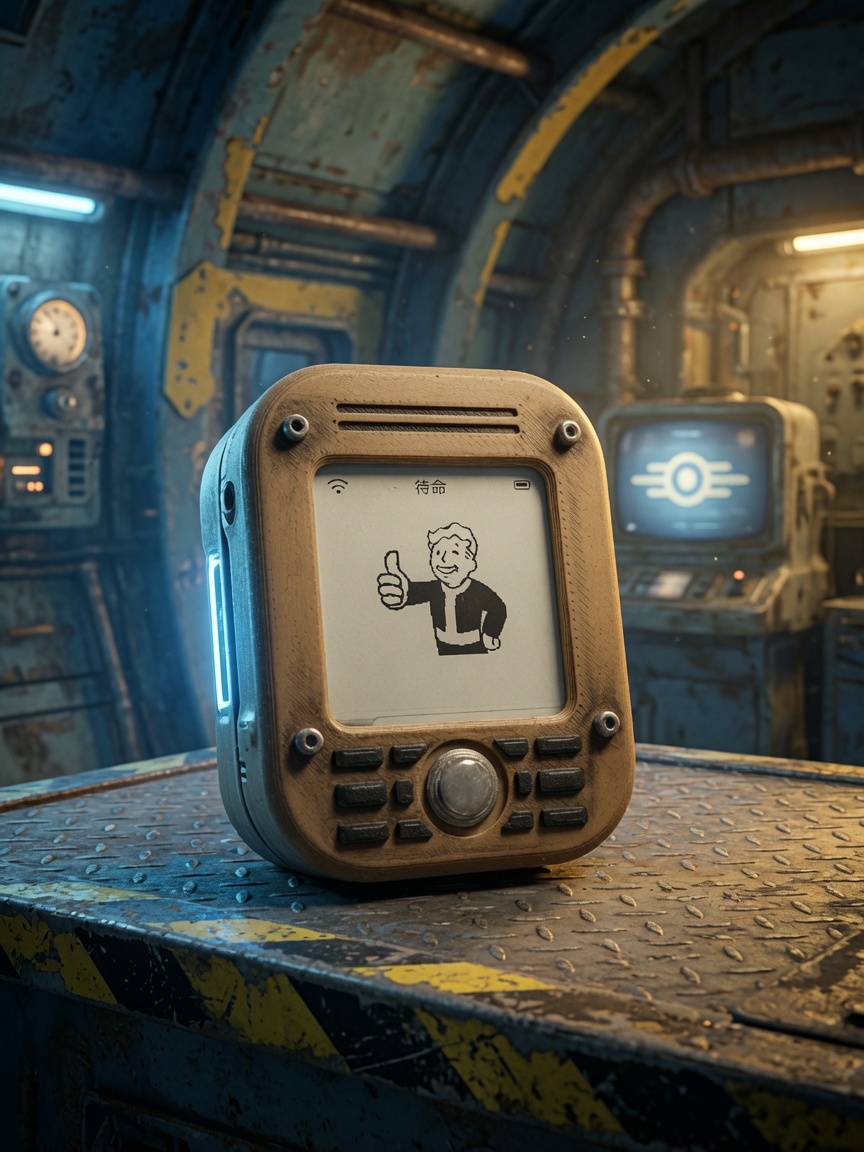 Pipboy e-paper con estética retro post-apocalíptica